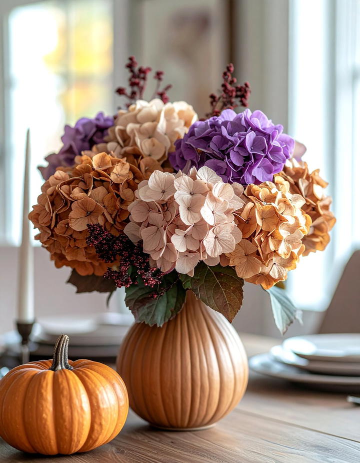 Pumpkin and Dried Hydrangea Arrangement - 50 fall pumpkin decor ideas