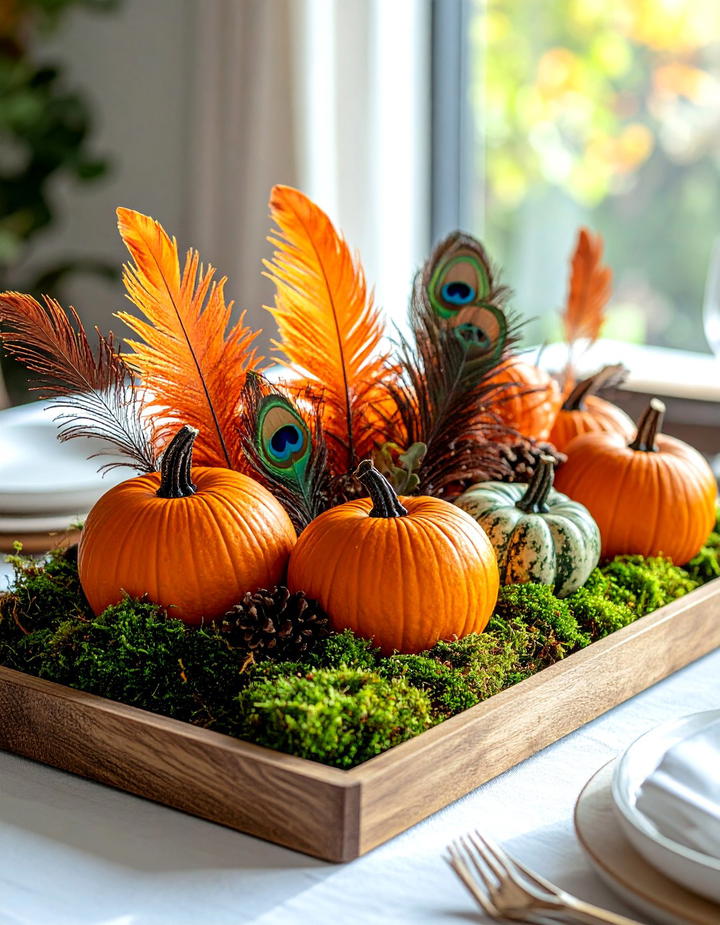 Pumpkin and Feather Arrangement - 50 fall pumpkin decor ideas