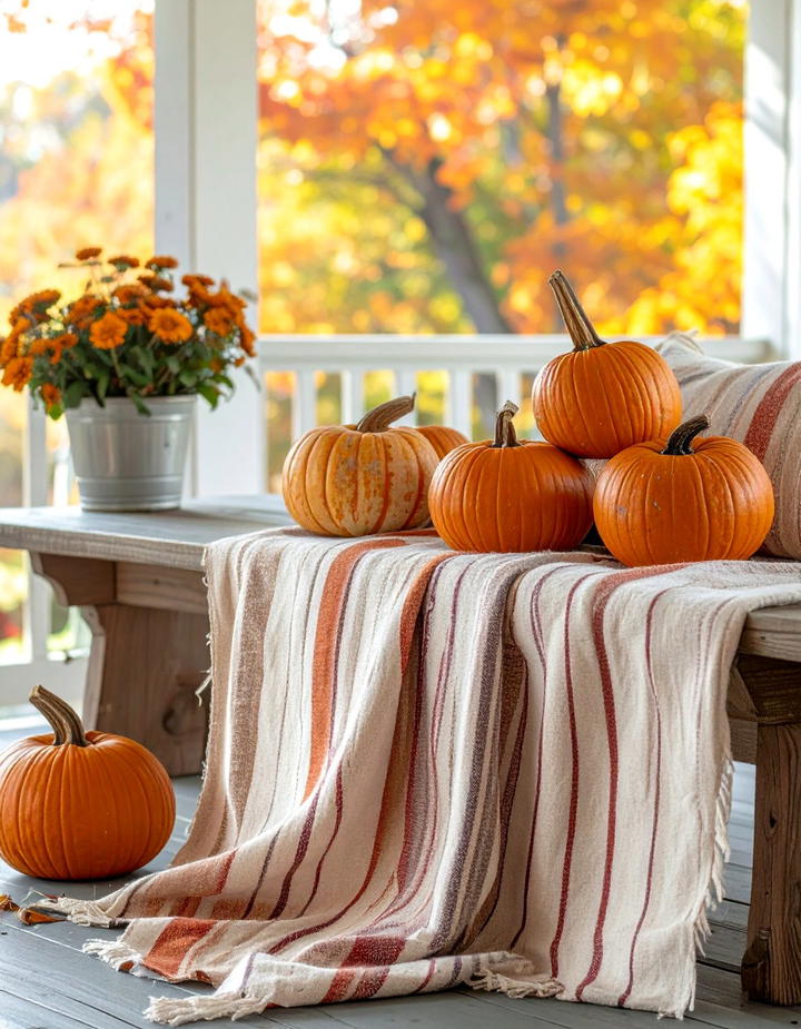 Pumpkin and Grain Sack Display - 50 fall pumpkin decor ideas