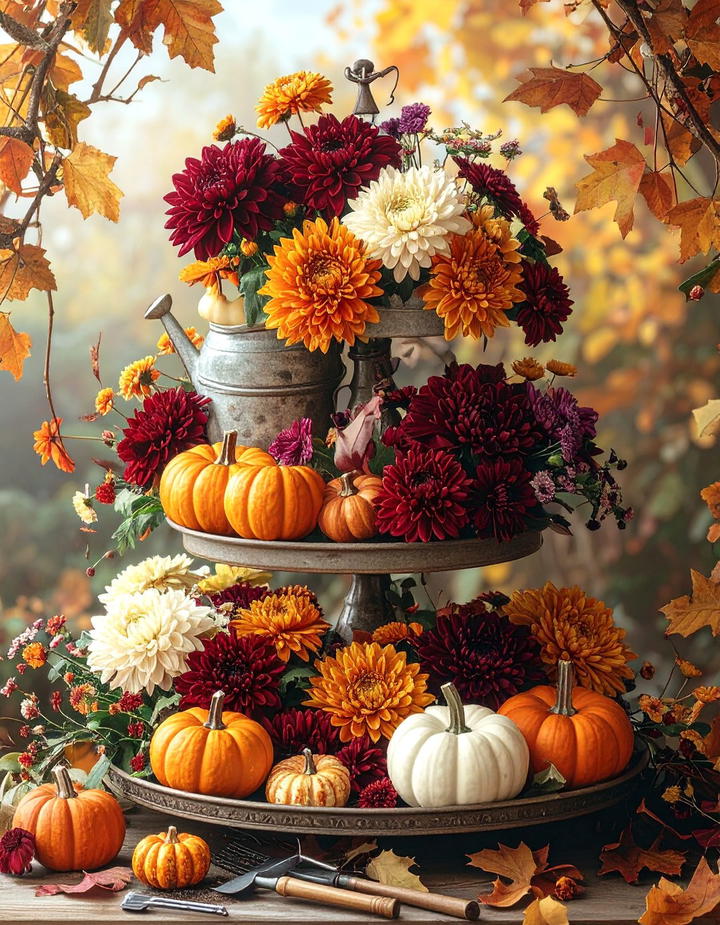 Pumpkin and Mum Florals - 50 fall tiered tray decor ideas