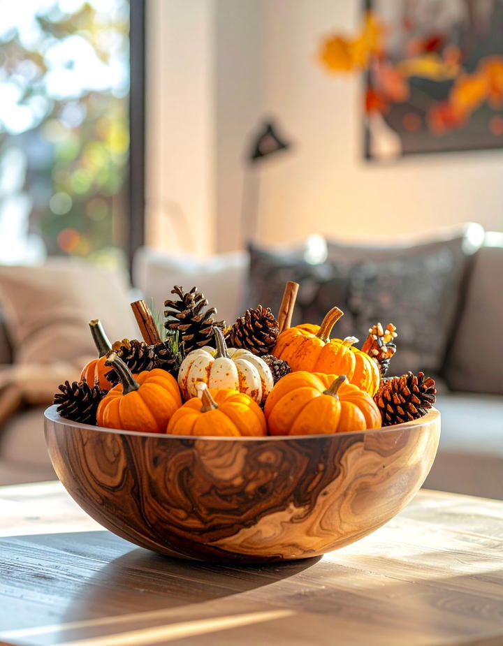 Pumpkin and Pine Cone Bowl Filler - 50 fall pumpkin decor ideas