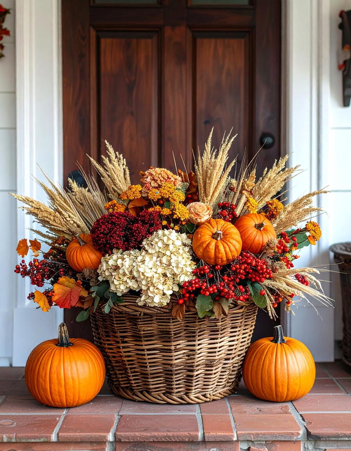 Pumpkin and Wheat Bundle Basket - 50 fall pumpkin decor ideas