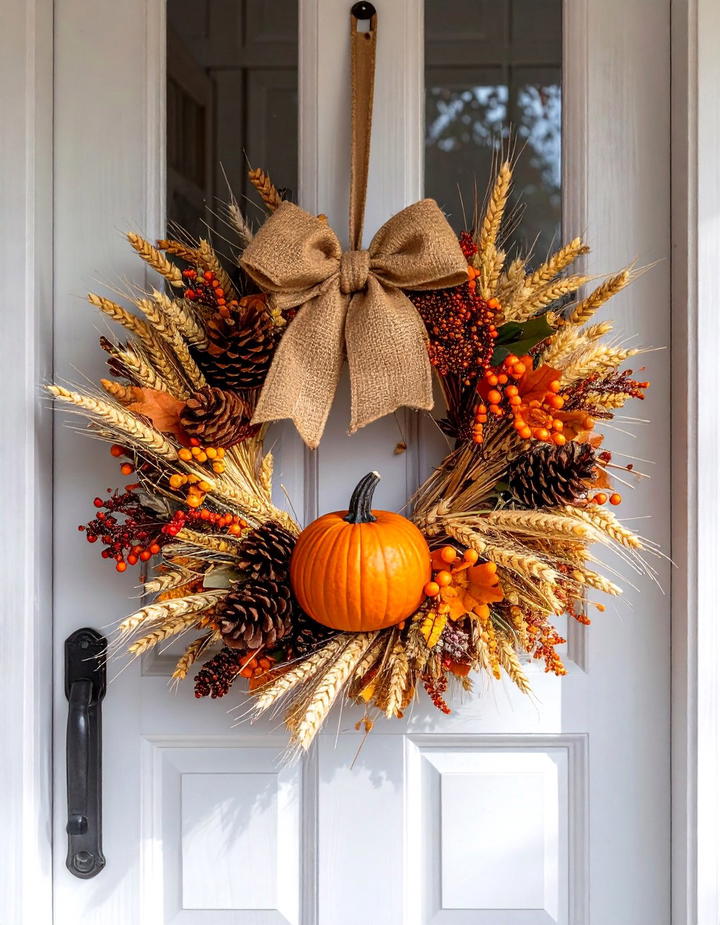 Pumpkin and Wheat Wreath - 50 fall pumpkin decor ideas