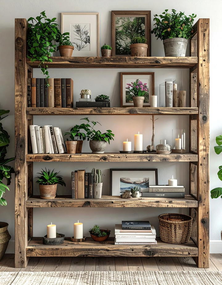 Reclaimed Wood Shelving - 50 living room fall decor ideas