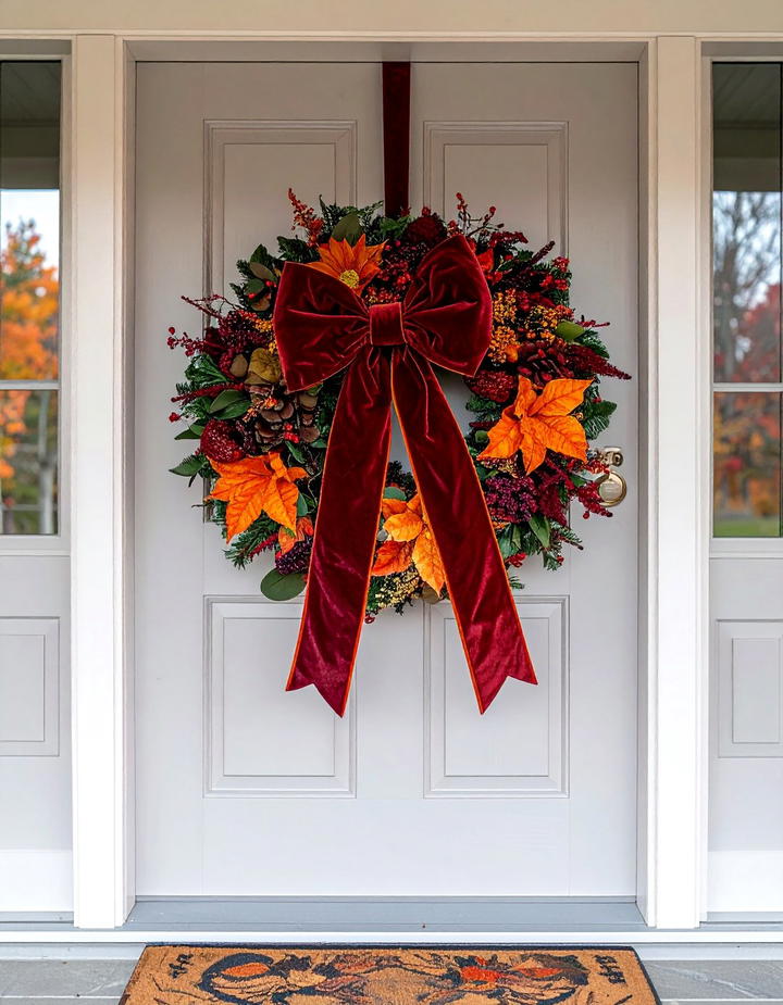 Ribbon Bow Door Wreath - 50 fall front door decor ideas