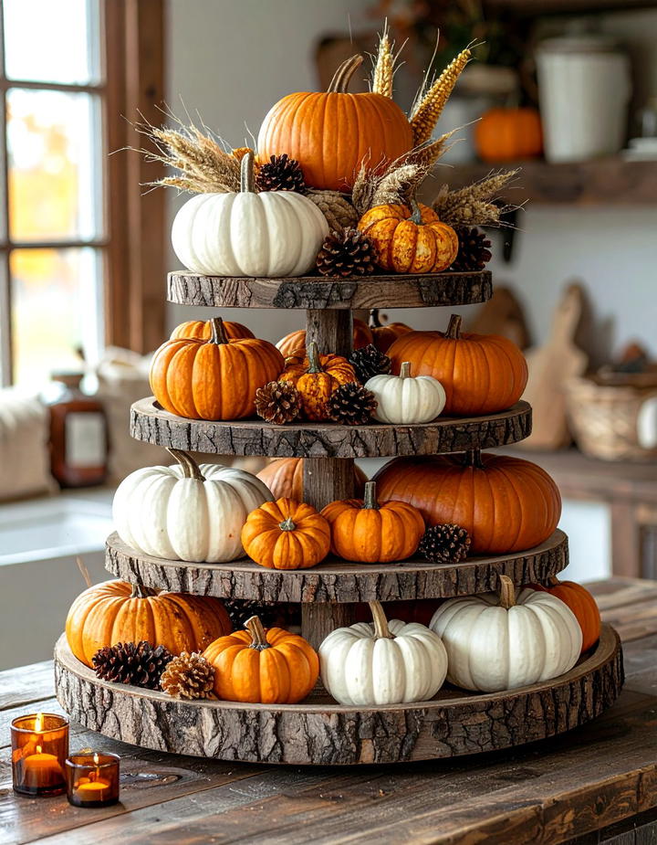 Rustic Harvest Pumpkin Display - 50 fall tiered tray decor ideas