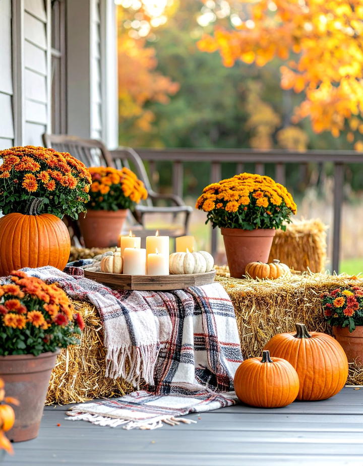 Rustic Hay Bale Seating Porch - 50 fall porch decor ideas