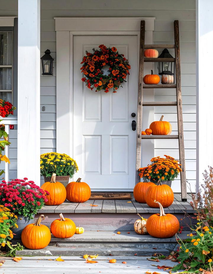 Rustic Ladder Pumpkin Display - 50 fall front door decor ideas