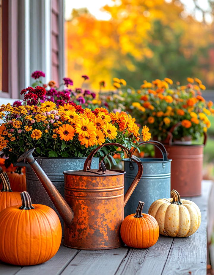 Rustic Metal Watering Can Collection Porch - 50 fall porch decor ideas