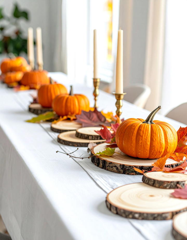 Rustic Wood Slice and Pumpkin Table Runner - 50 fall pumpkin decor ideas