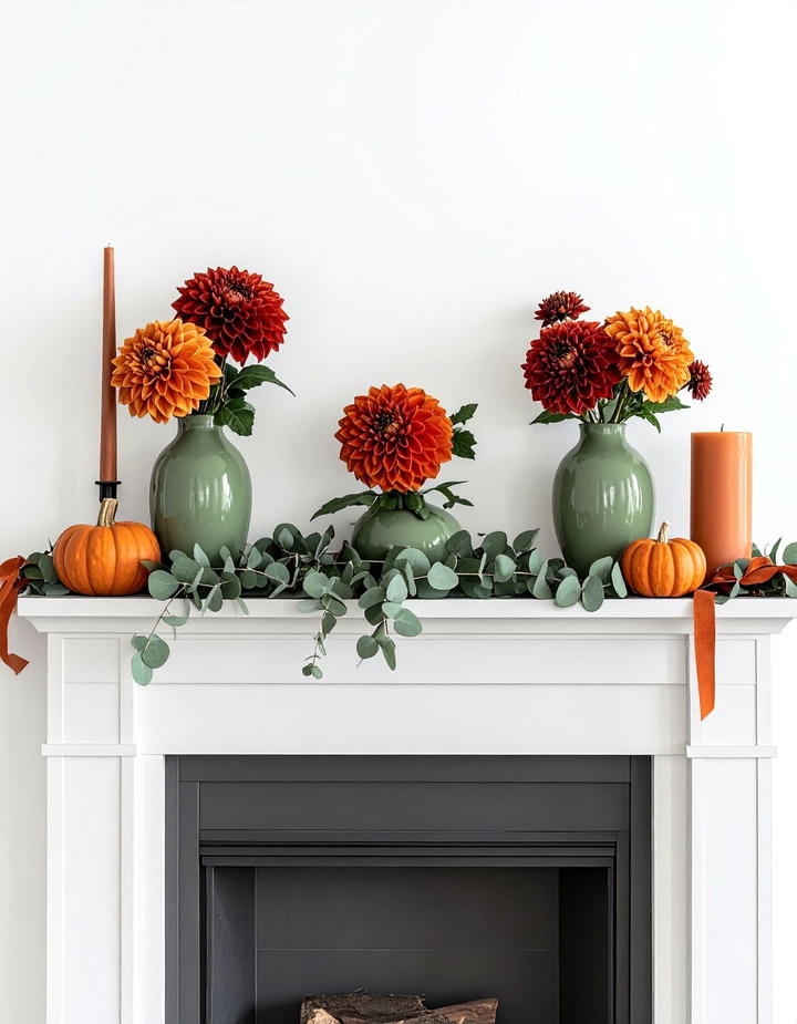 Sage Green and Rust Mantel - 50 fall mantel decor ideas
