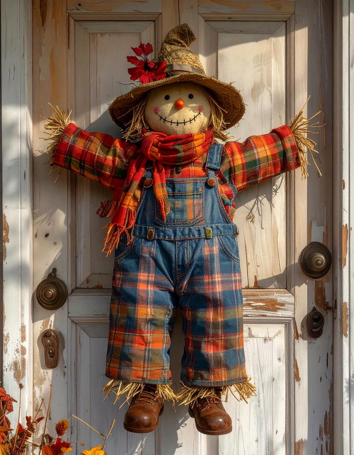 Scarecrow Door Hanger Display - 50 fall front door decor ideas