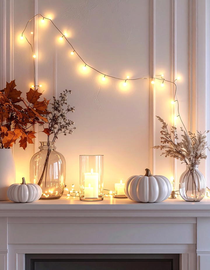 String Light Mantel Backdrop - 50 fall mantel decor ideas
