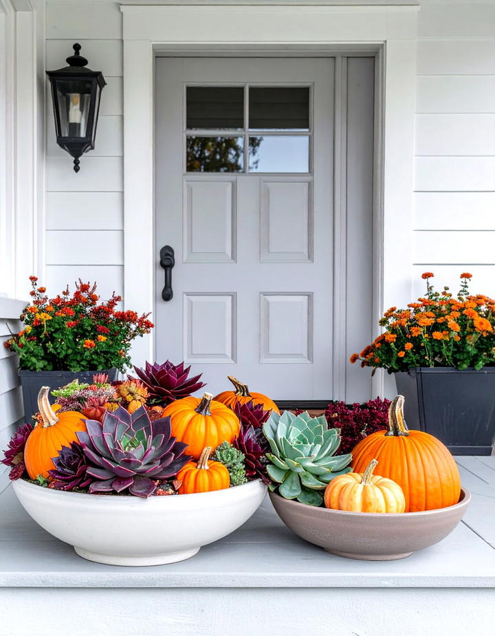 Succulent and Pumpkin Combination - 50 fall front door decor ideas