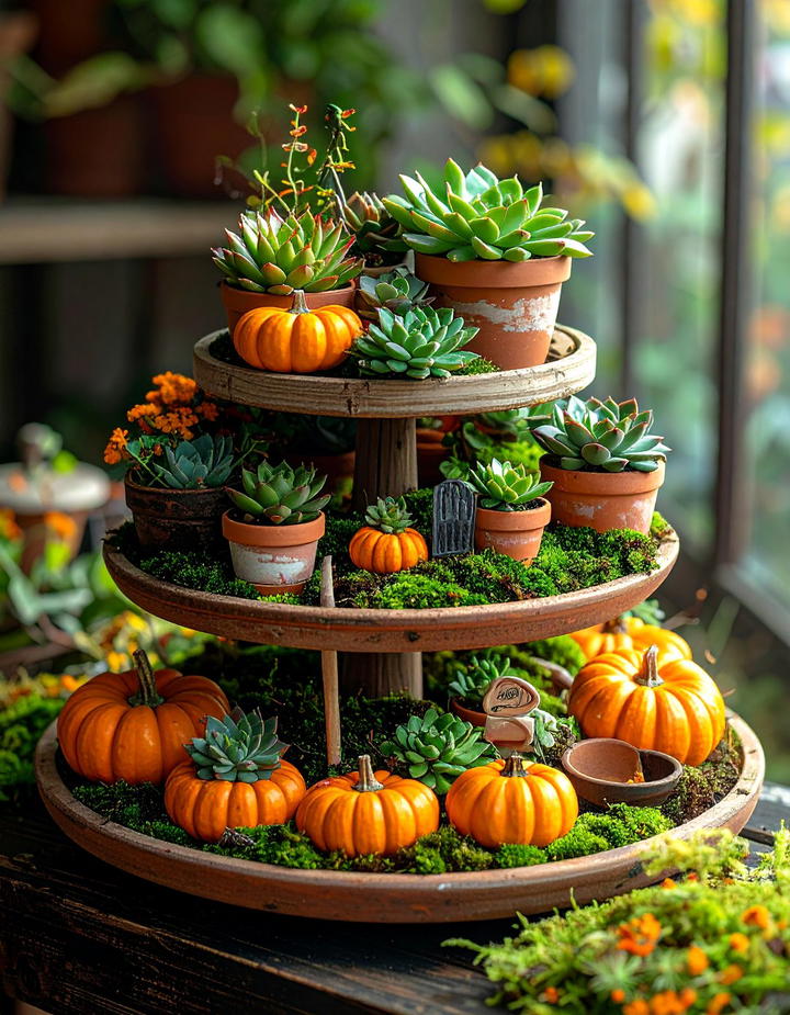 Succulent and Pumpkin Pairing - 50 fall tiered tray decor ideas