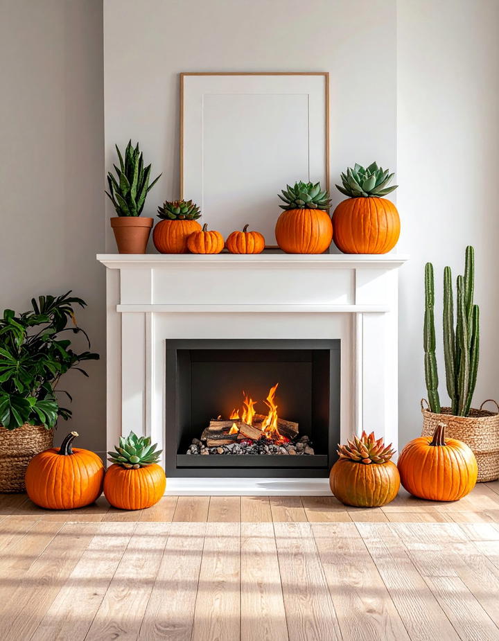Succulent and Pumpkin Pairing - 50 fall fireplace decor ideas
