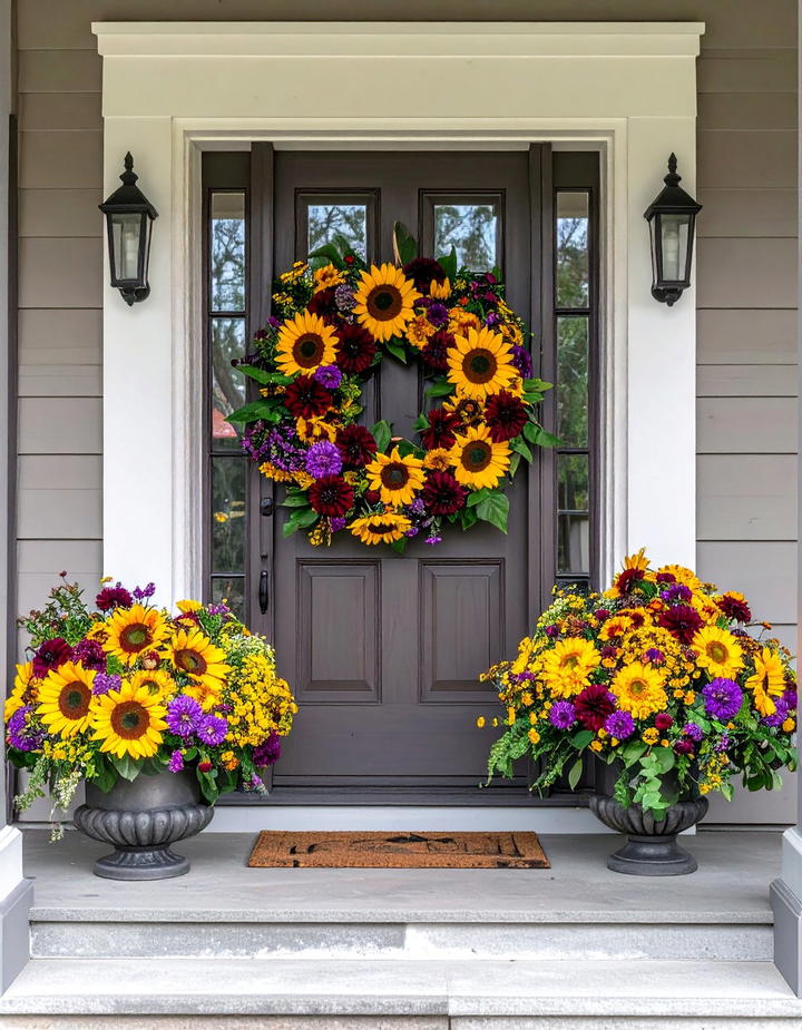 Sunflower Wreath Display - 50 fall front door decor ideas