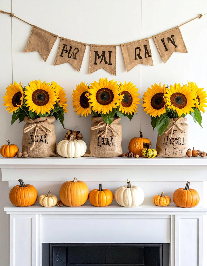 Sunflower and Burlap Mantel Display - 50 fall mantel decor ideas