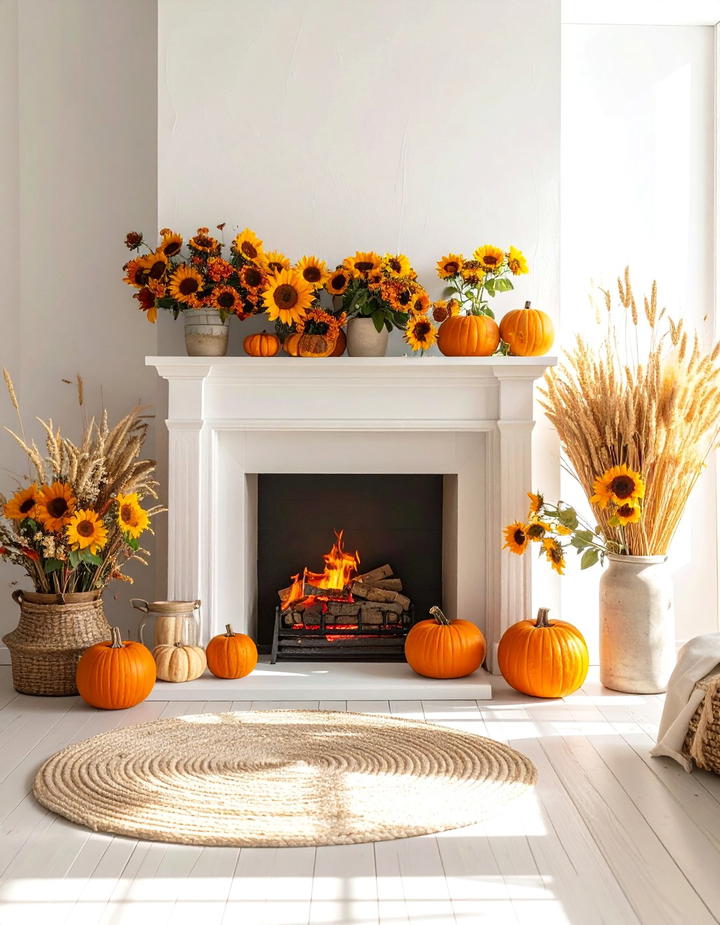 Sunflower and Wheat Display - 50 fall fireplace decor ideas