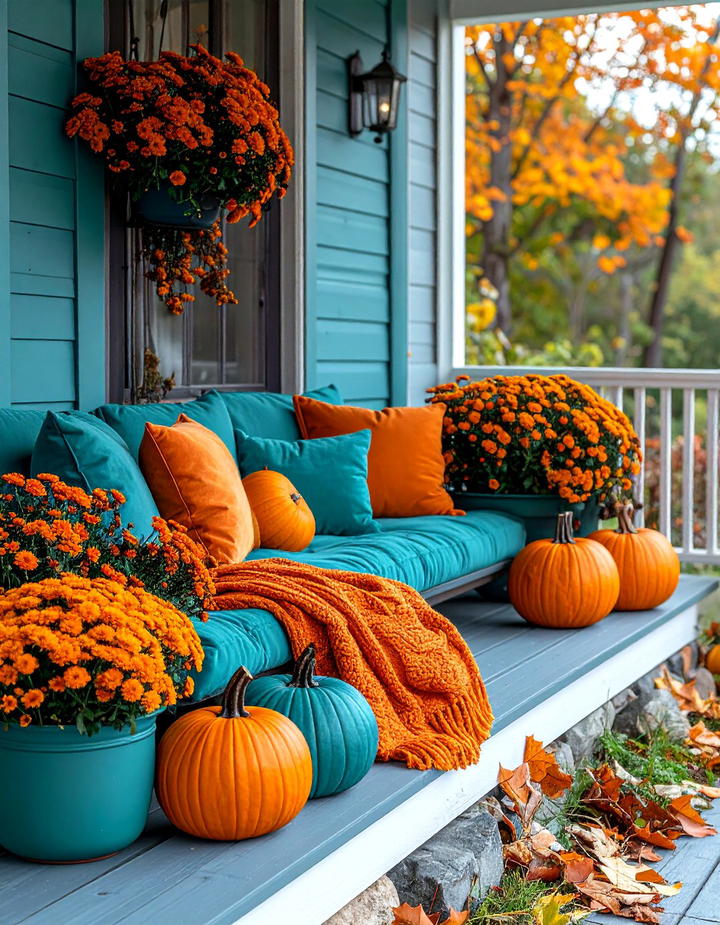 Teal and Orange Color Block Porch - 50 fall porch decor ideas