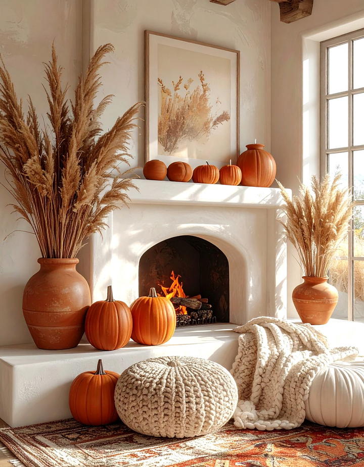 Terra Cotta and Cream Mantel - 50 fall mantel decor ideas