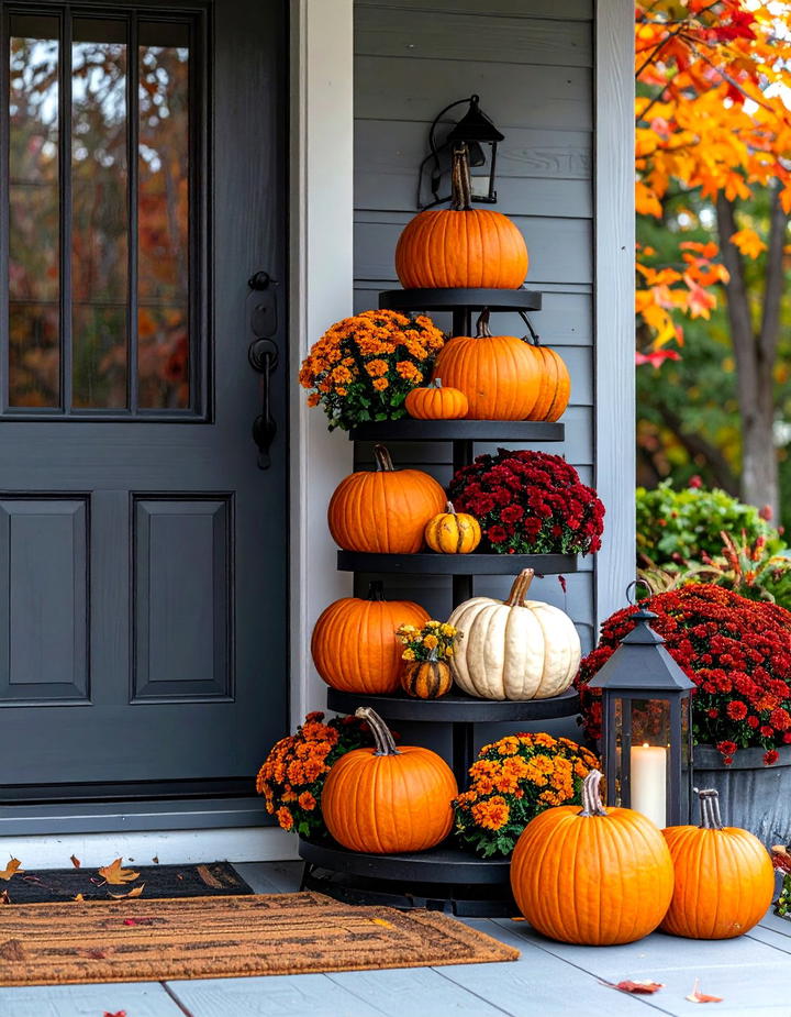 Tiered Pumpkin Plant Stand - 50 fall front door decor ideas
