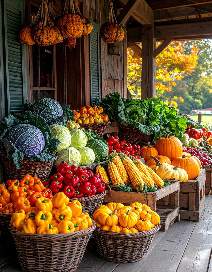 Vegetable and Gourd Harvest Display Porch - 50 fall porch decor ideas