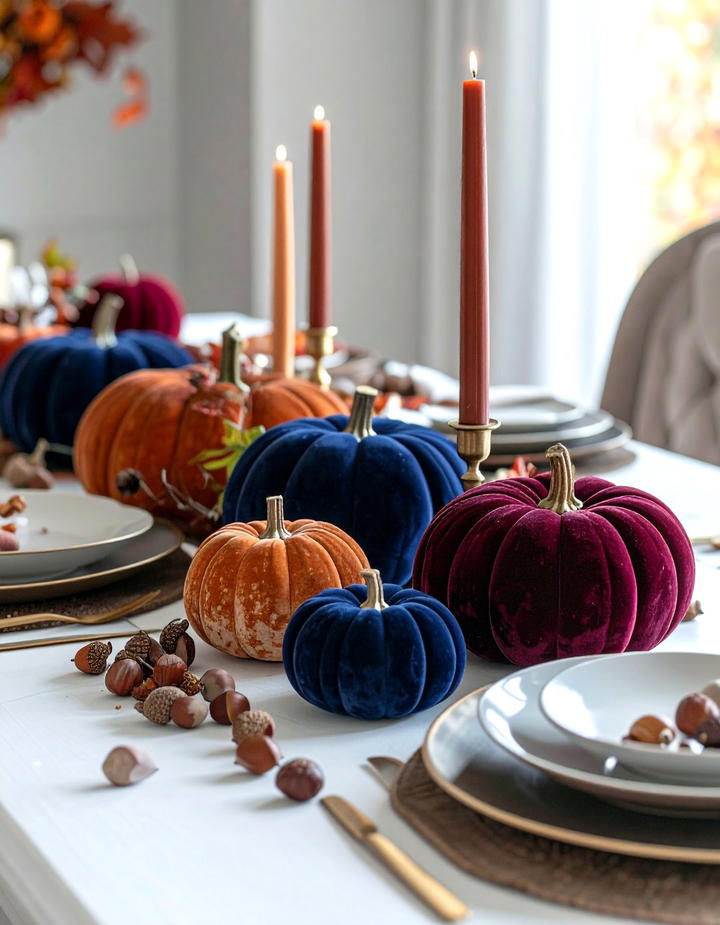 Velvet Pumpkin Dining Table Centerpiece - 50 fall pumpkin decor ideas
