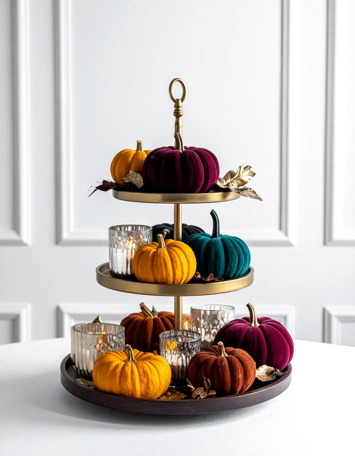 Velvet Pumpkin Elegance - 50 fall tiered tray decor ideas