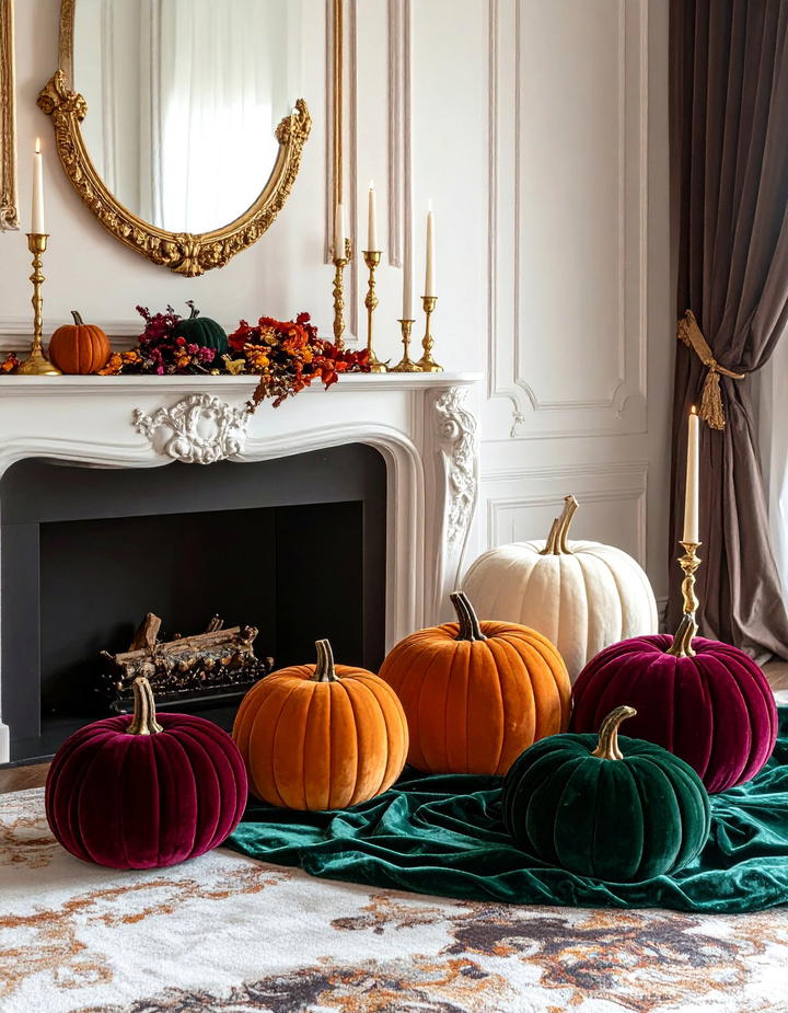 Velvet Pumpkin Luxury Display - 50 fall fireplace decor ideas