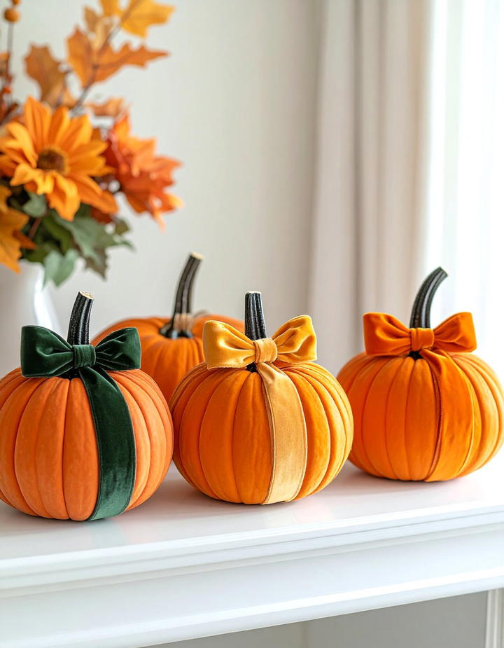 Velvet Ribbon Wrapped Pumpkin Stems - 50 fall pumpkin decor ideas