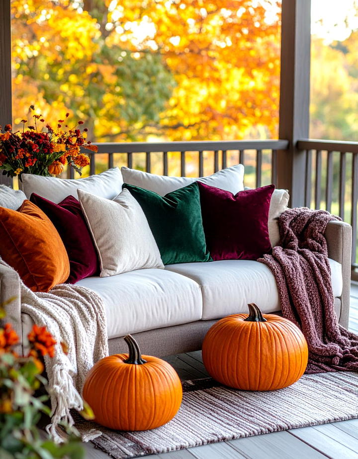 Velvet Textile Accents - 50 modern fall porch decor ideas