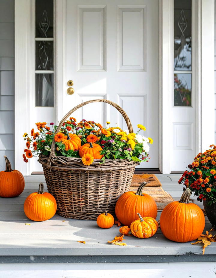 Vintage Basket Pumpkin Display - 50 fall front door decor ideas