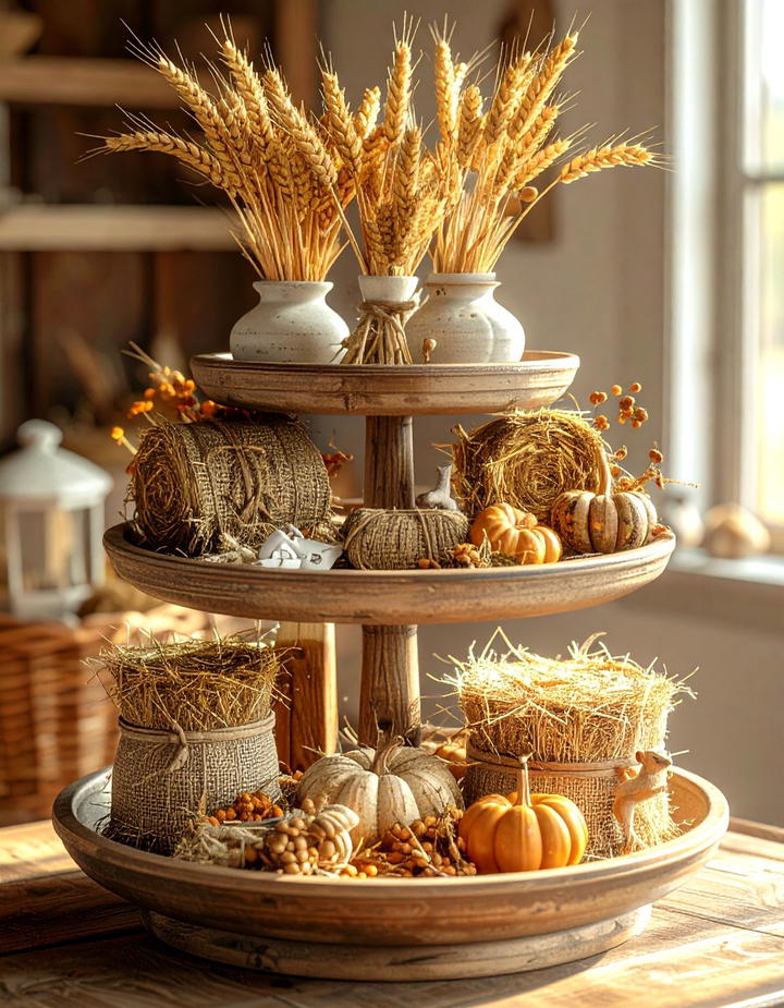 Wheat and Grain Harvest - 50 fall tiered tray decor ideas
