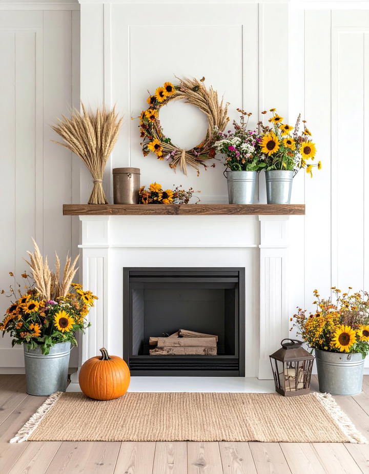 Wheat and Wildflower Mantel - 50 fall mantel decor ideas