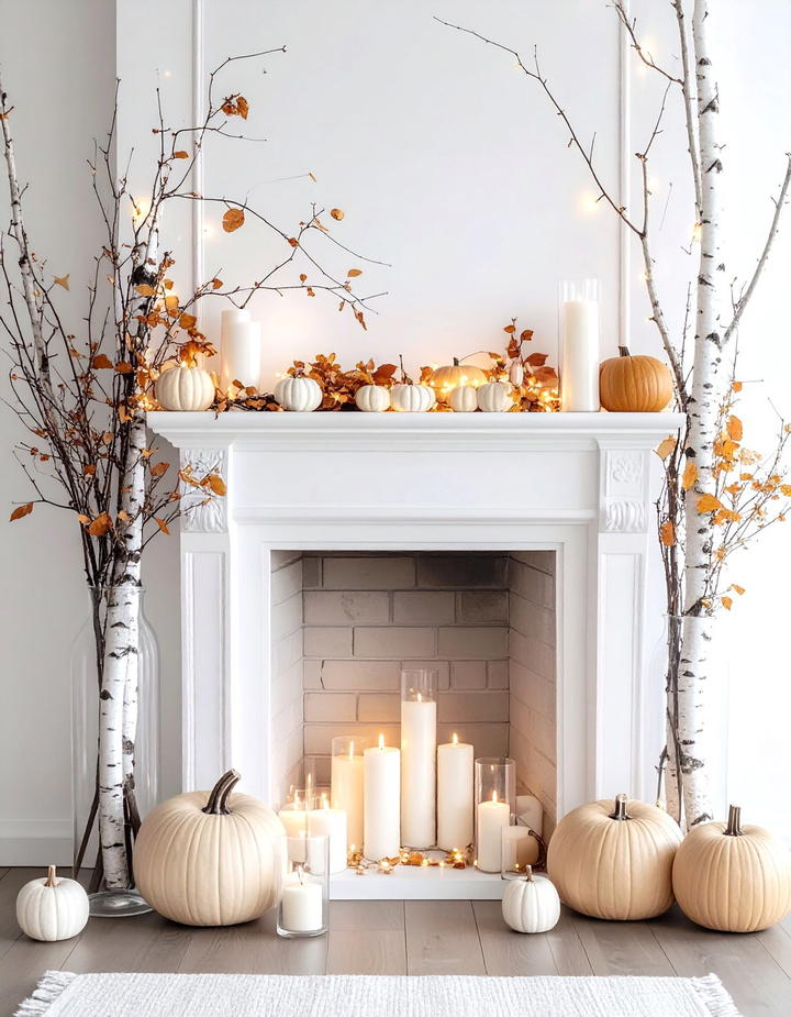 White Birch Branch Mantel - 50 fall mantel decor ideas