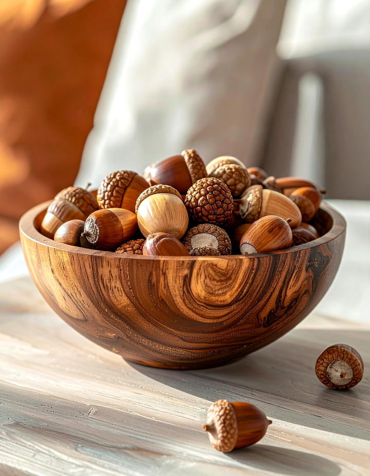 Wooden Acorn Caps Bowl Filler - 50 wooden fall decor ideas