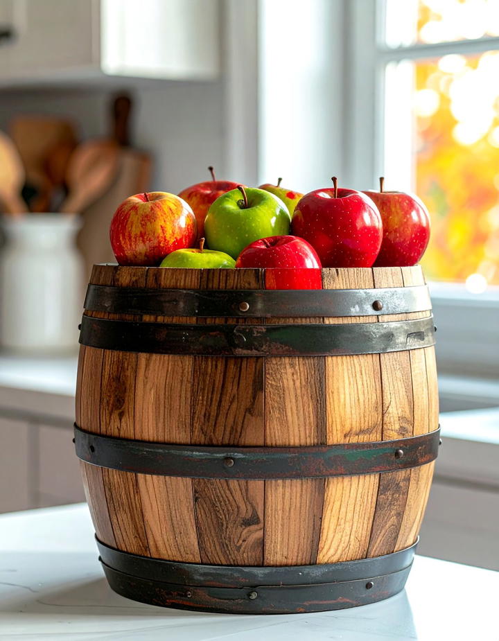 Wooden Apple Barrel Display - 50 wooden fall decor ideas