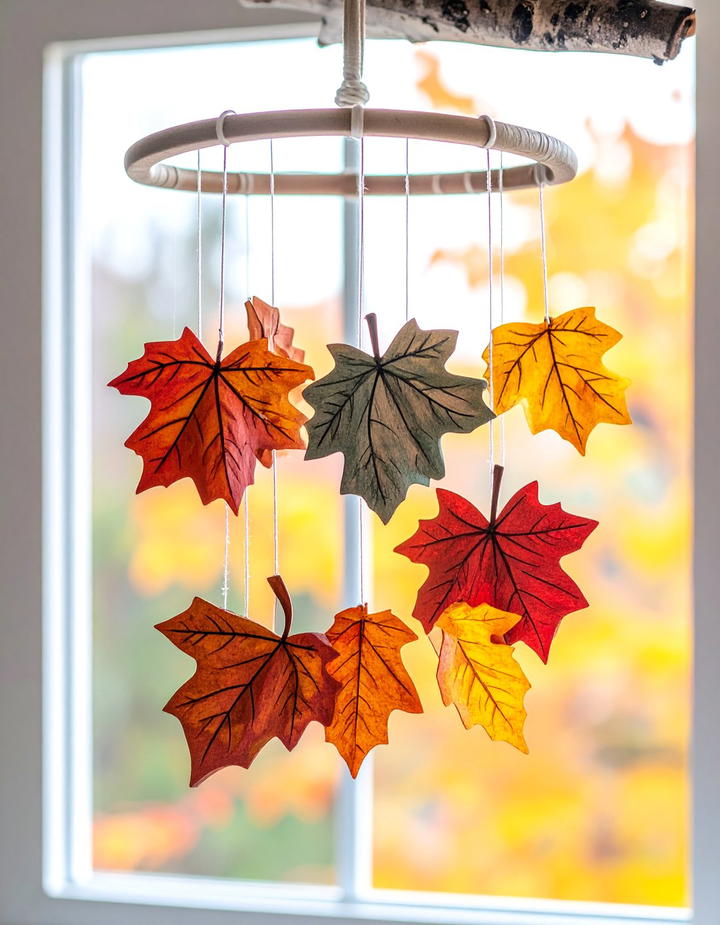 Wooden Autumn Leaf Mobile - 50 wooden fall decor ideas