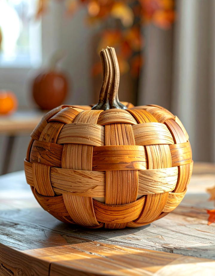 Wooden Basket Weave Pumpkin - 50 wooden fall decor ideas