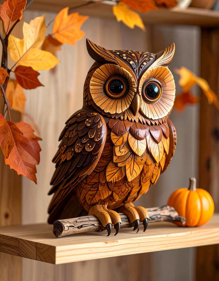 Wooden Owl Perched Figure - 50 wooden fall decor ideas
