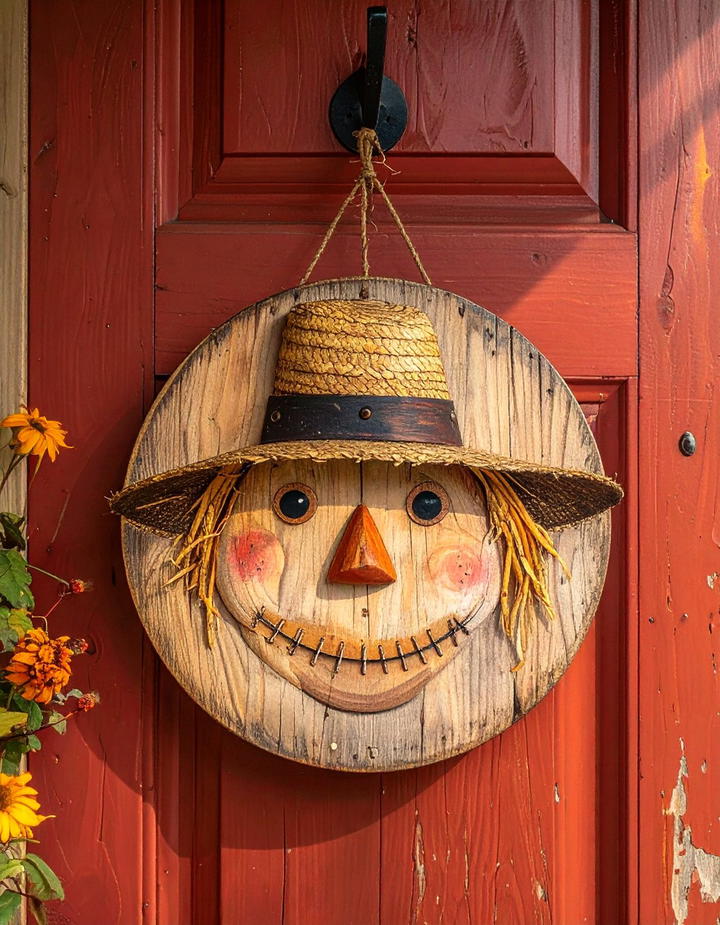 Wooden Scarecrow Face Door Hanger - 50 wooden fall decor ideas