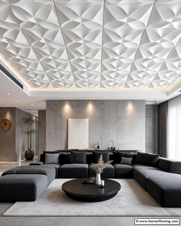 3D Ceiling Panels - 20 Living Room False Ceiling Design Ideas to Elevate Your Space