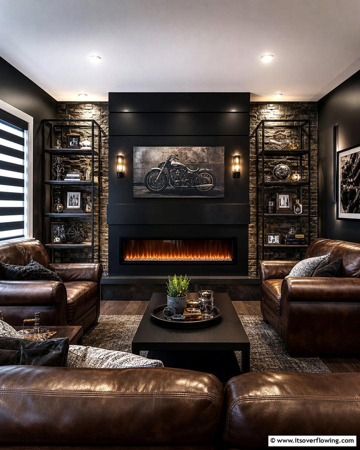 A Black Fireplace for Warmth and Style - 20 Black Man Cave Ideas for a Masculine Retreat