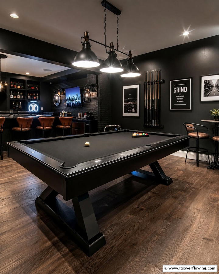 A Black Pool Table for a Luxurious Touch - 20 Black Man Cave Ideas for a Masculine Retreat