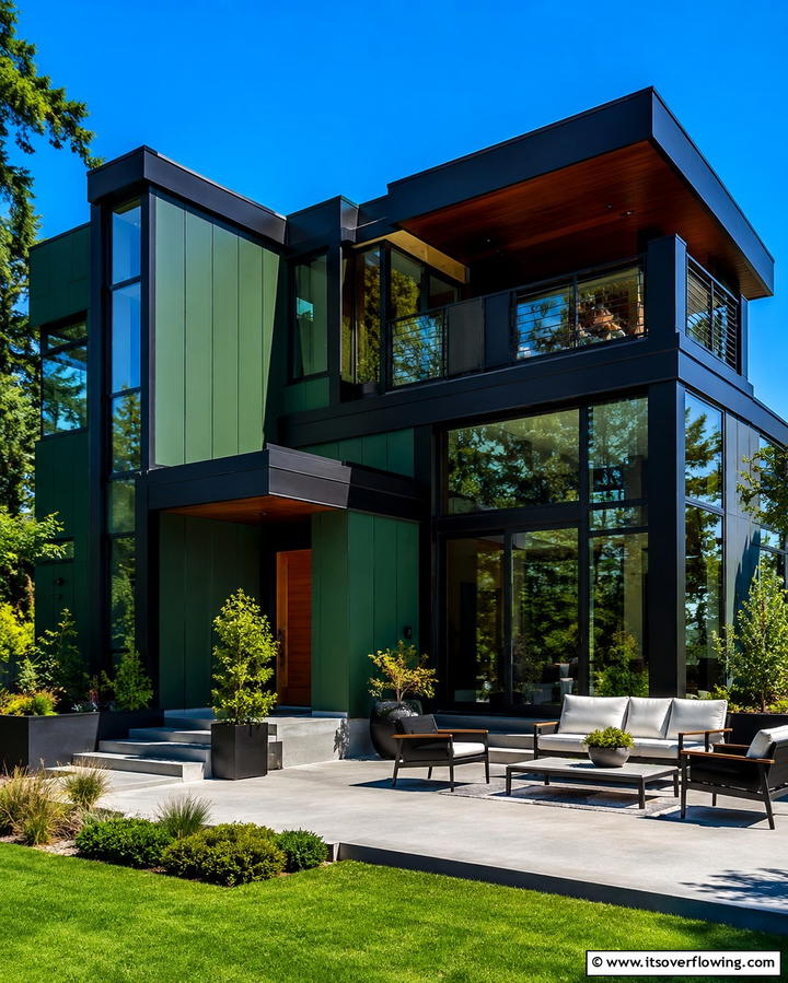 A Contemporary Twist on Traditional Colors - 25 Forest Green House With Black Trim Ideas- Bold & Modern