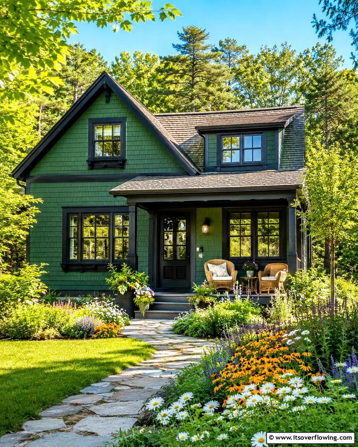 A Cozy and Inviting Exterior - 25 Forest Green House With Black Trim Ideas- Bold & Modern