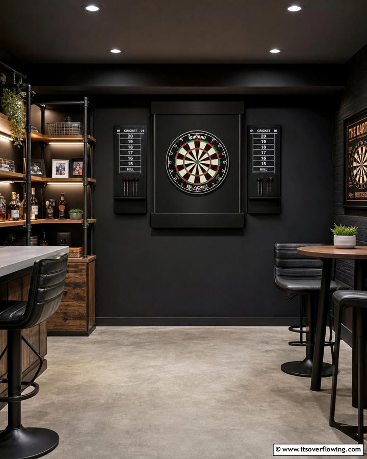 A Dartboard with a Black Backdrop - 20 Black Man Cave Ideas for a Masculine Retreat