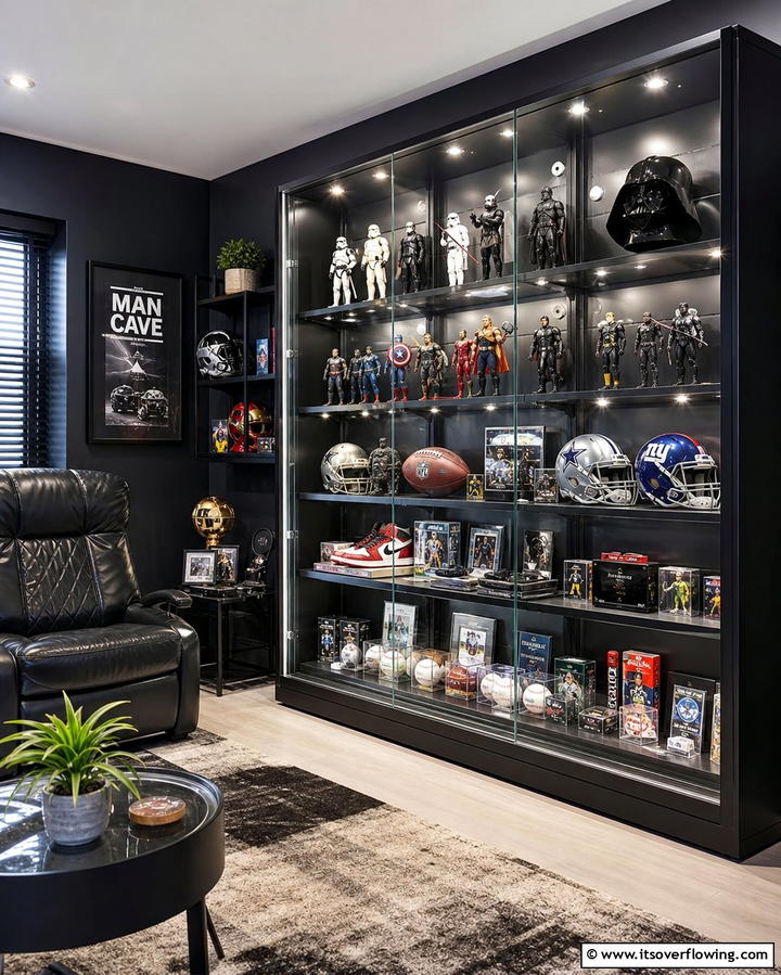 A Display Case for Collectibles - 20 Black Man Cave Ideas for a Masculine Retreat