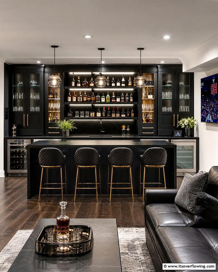 A Mini Bar with a Sleek Black Finish - 20 Black Man Cave Ideas for a Masculine Retreat